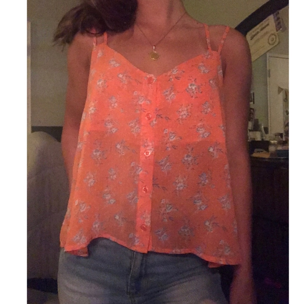 sheer orange floral blouse, size small